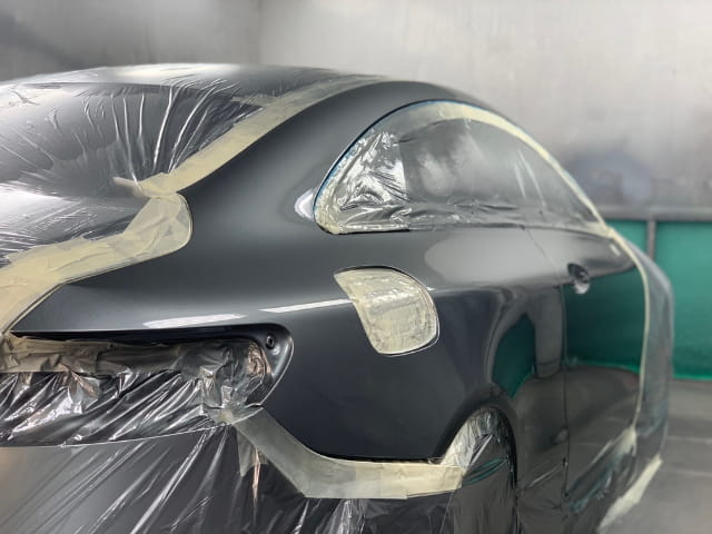 The Mercedes prepared in the spray booth