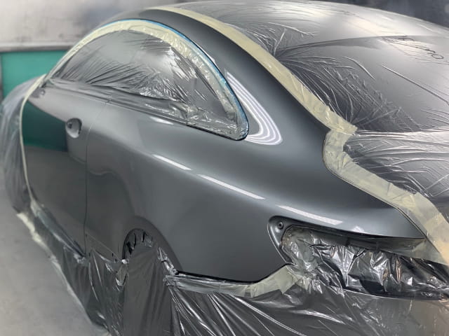 The Mercedes prepared in the spray booth