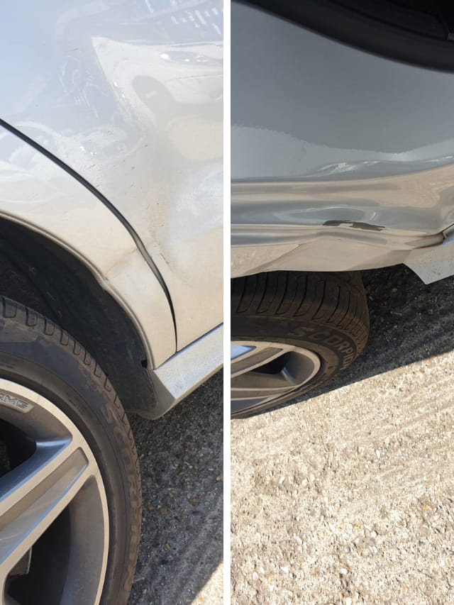 The dented door of the Mercedes